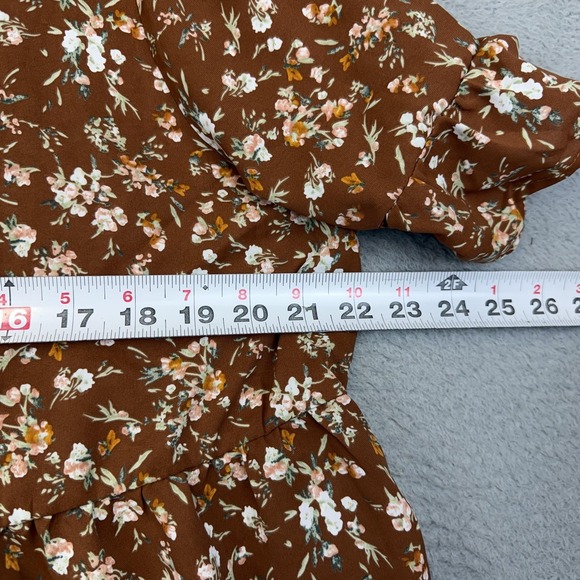 Emery Rose Dress Womens XL Brown Floral Short Sleeve Ruffle Hem Swing V-Neck - Picture 7 of 13
